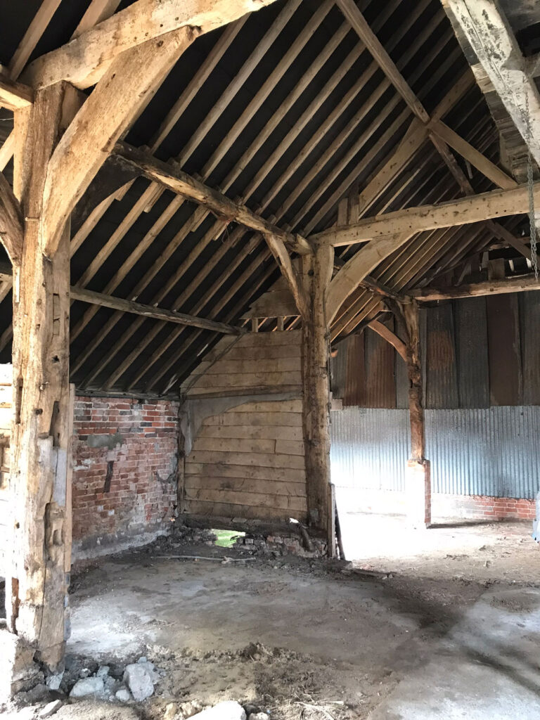 Barn interior before development at Englebrook, West Berkshire
