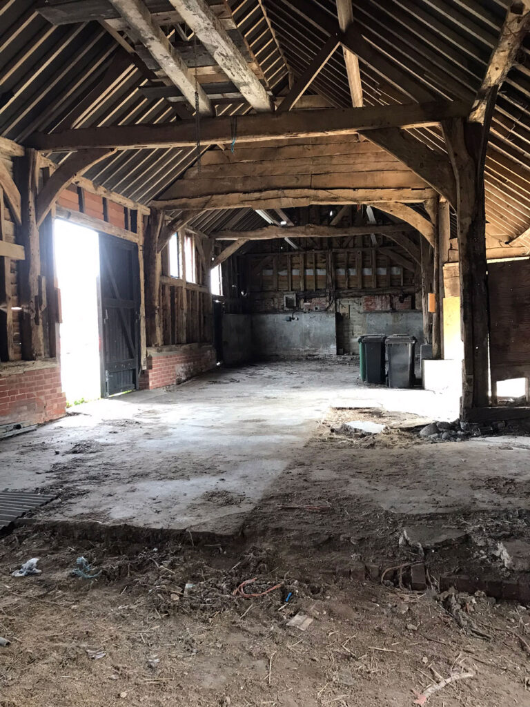 Former barn interior at Englebrook, West Berkshire
