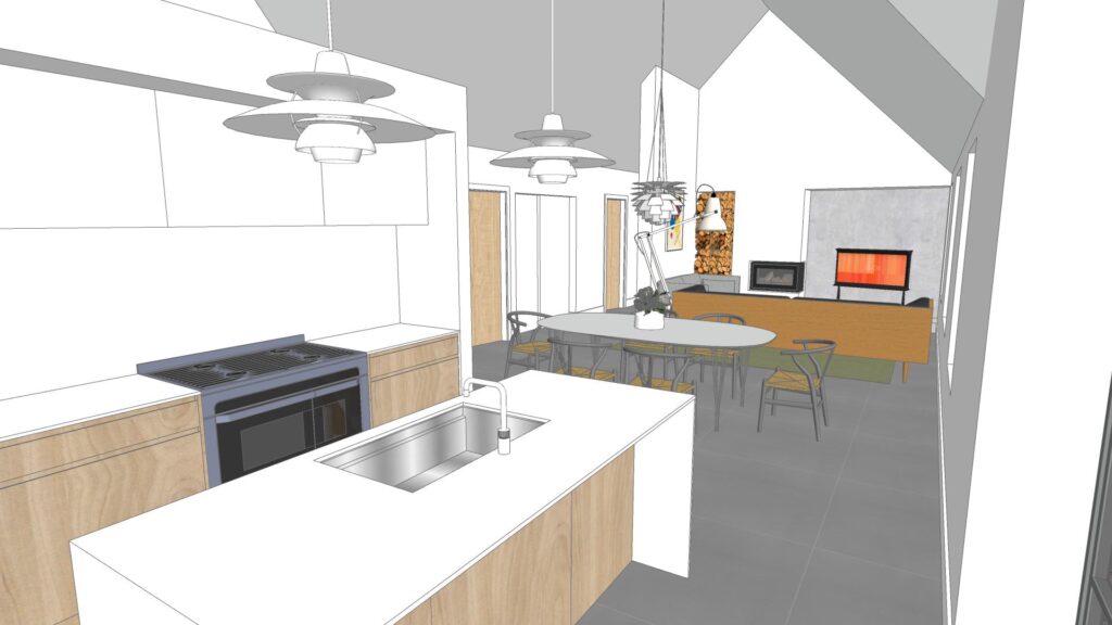 Visualisation of the open plan kitchen at Ivy Farm, Wiltshire