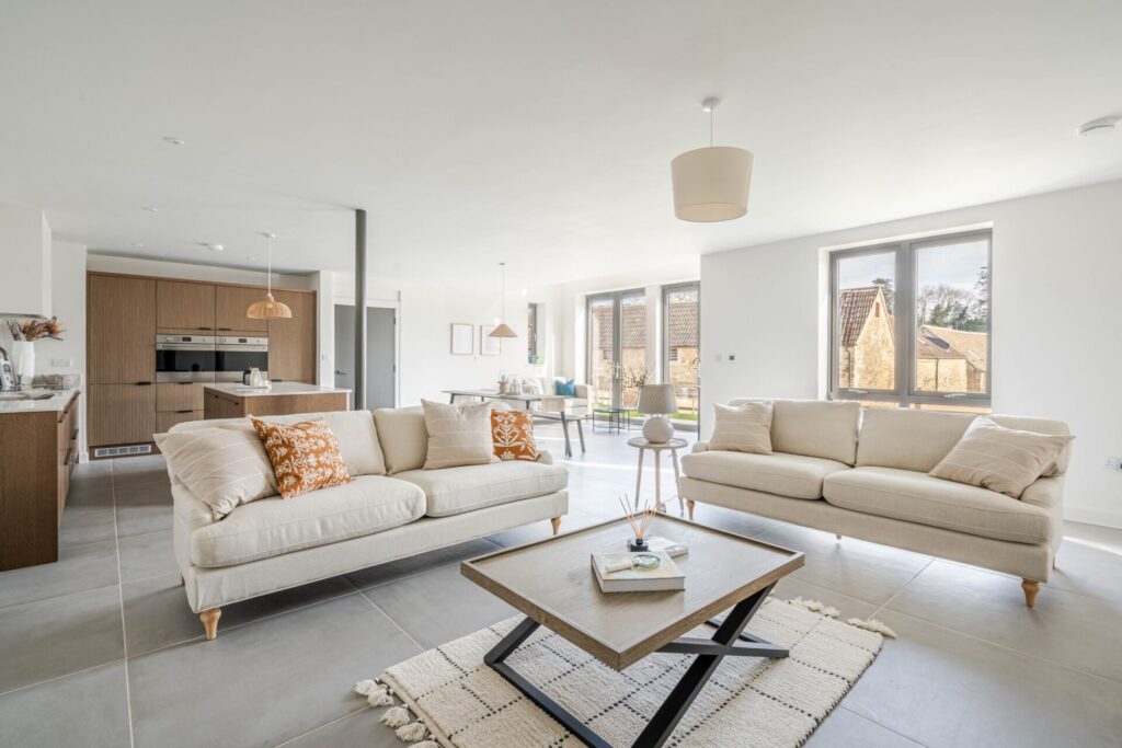 Open plan kitchen and living area at The Farmyard in Grittleton, Wiltshire